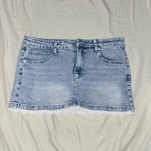 Denim Mini Skirt with Lace Trim